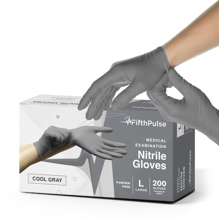 Fifthpulse Disposable Gloves, 4.5 mil Palm, Nitrile, Powder-Free, L, 200 PK, Cool Gray FMN100571